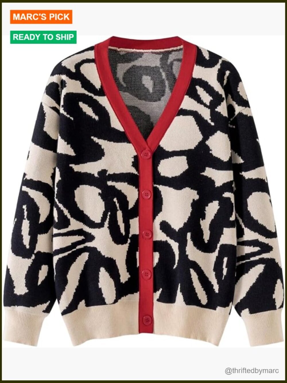 Graphic Print Button Up Cardigan Sweater V Neck Long Sleeve Contrast Knit